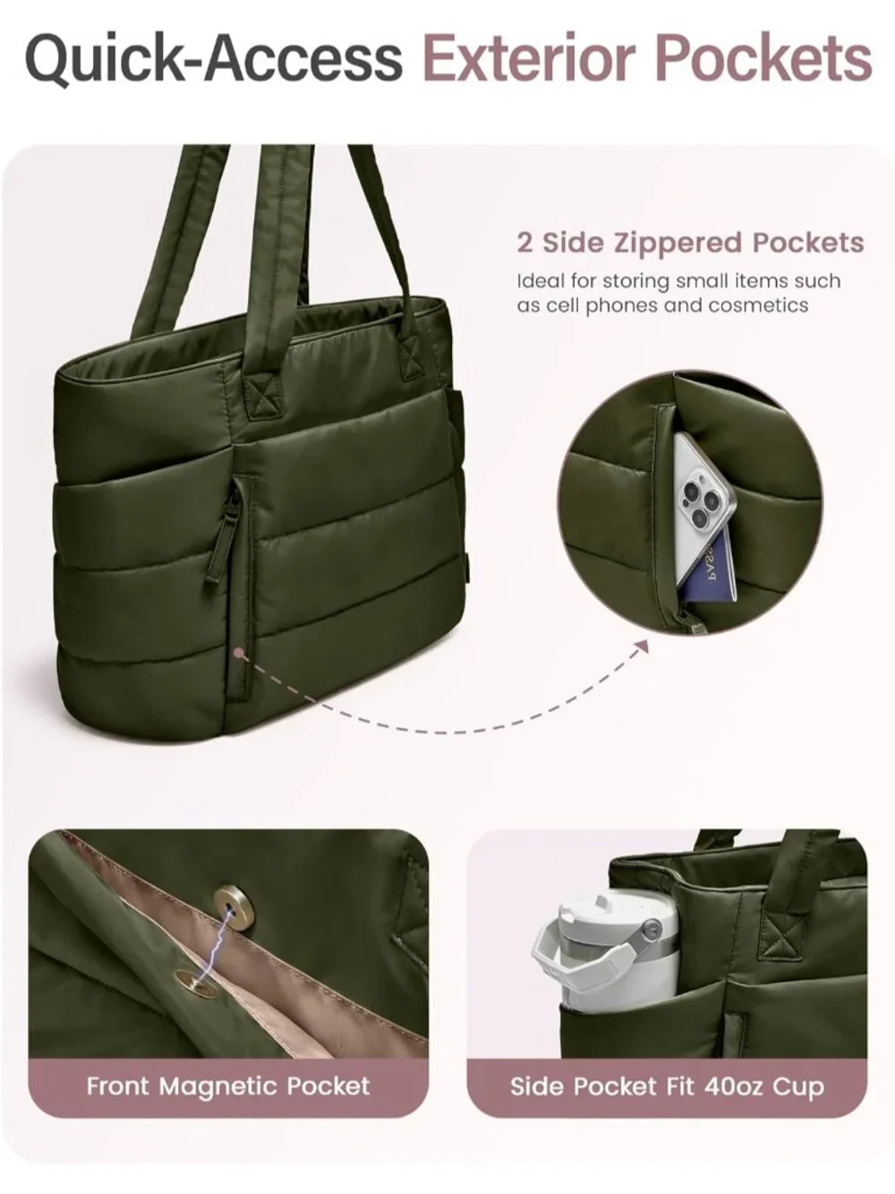 👜Women's Olive Green Quilted Puffer Tote Bag Zipper Work Bag With Compartments